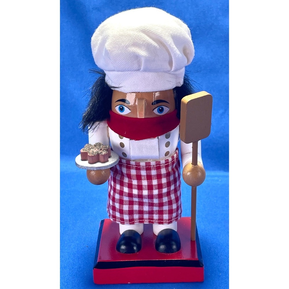 Chef‎ Baker Wooden Nutcracker 7" Christmas Kitchen Decor Checkered Apron